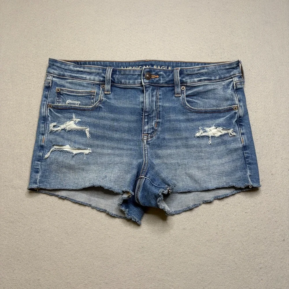 American Eagle Denim Shorts Womens 12 Blue Shortie Distressed Y2K Stretch Cutoff